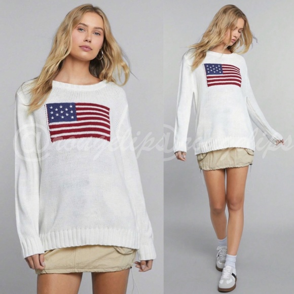 American Flag Knit Off White Pullover Sweater Crew Neck Long Sleeve - Picture 8 of 16
